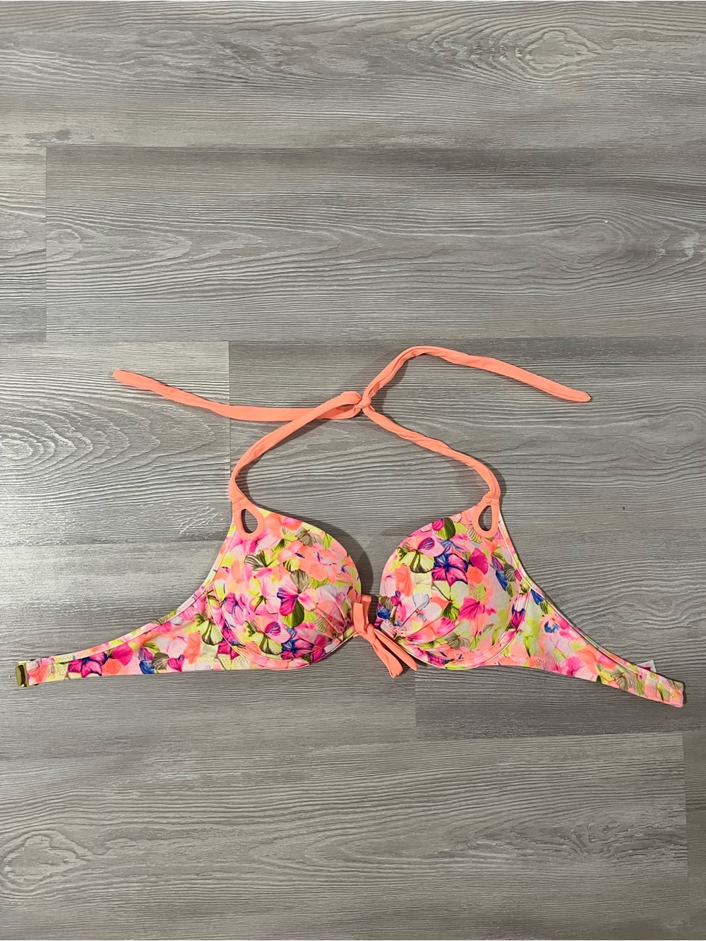 Victoria’s Secret Neon Coral Water colour Flower Hottie Halter Bikini Top 34C